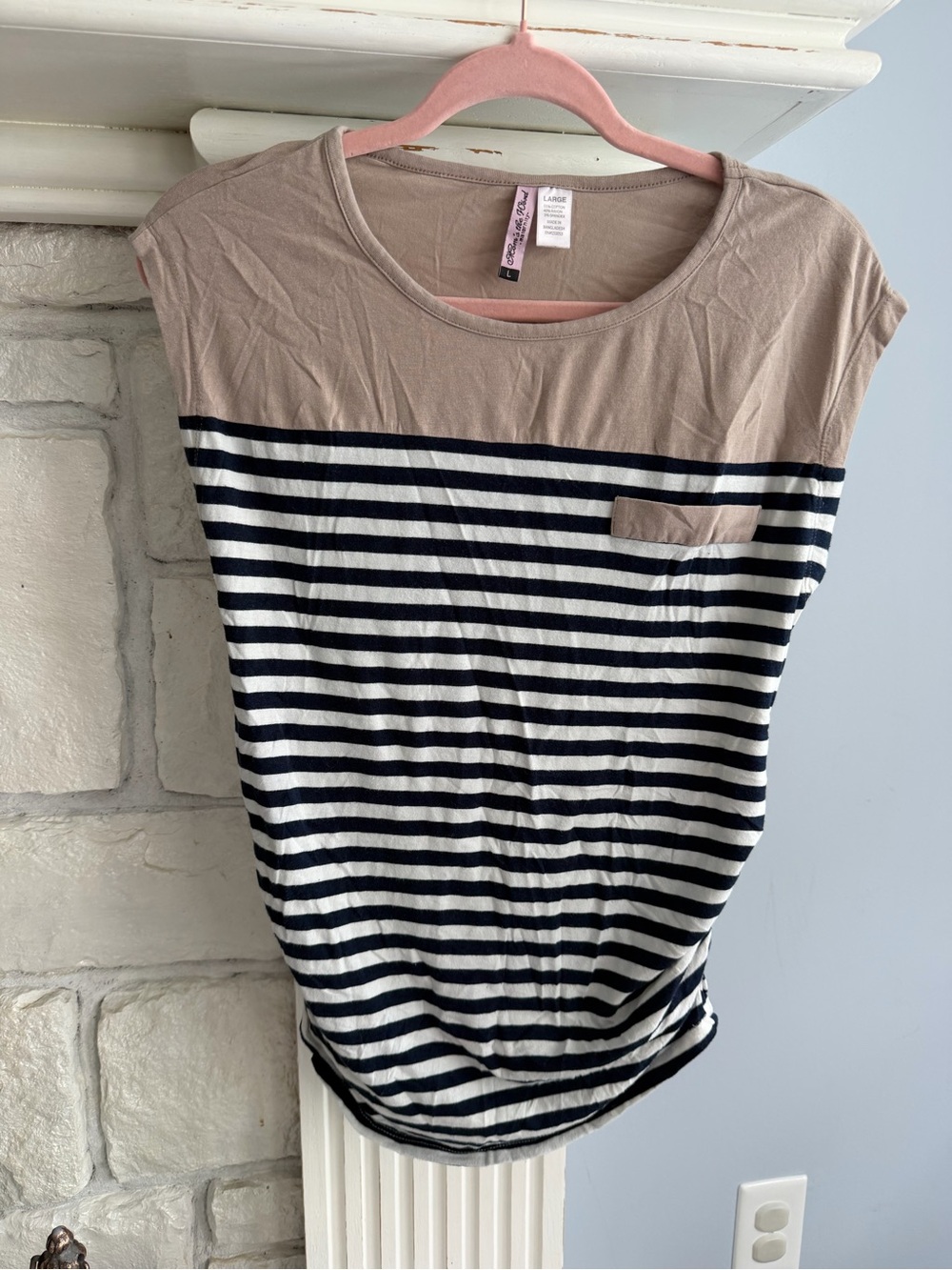 Striped Cap-Sleeve Top with White & Navy Stripes with Beige Top